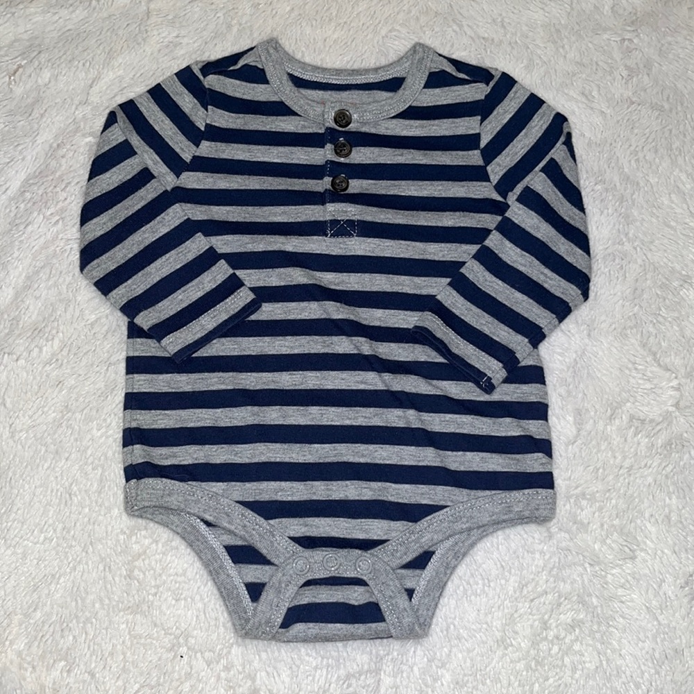 (3 for $10) joe fresh 3-6 month blue and gray striped bodysuit long sleeve baby